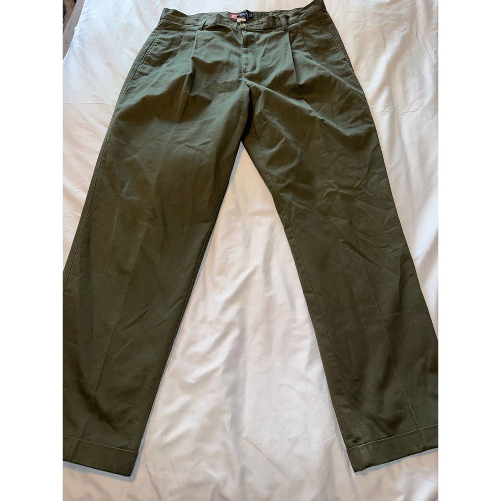 Chaps Ralph Lauren Mens 40x34 Pleated Chino Pants Olive Green Cuffed Trousers
